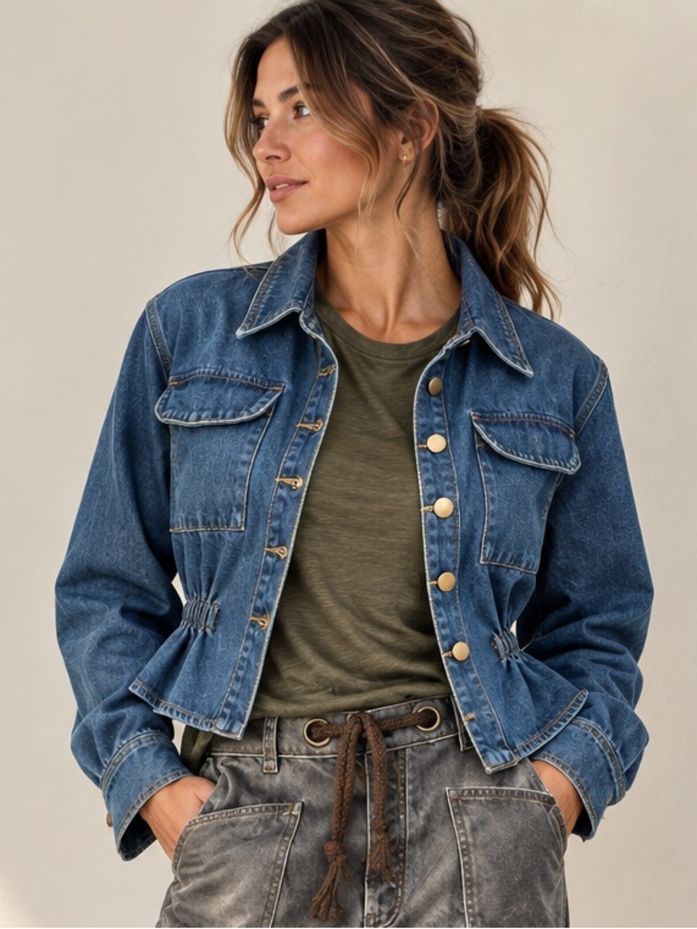 NWT - Cider Cropped Denim Jacket w Gathered Waistline